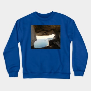 Seaside Serenity: Corfu Boat View Through Rock Window Crewneck Sweatshirt